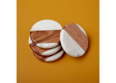Dessous de verre ronds en marbre blanc et bois (Lot de 4) - Bouteilles - Be Home