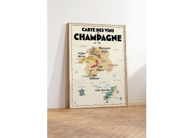 Affiche Carte des vins de Champagne - Cadre chêne - Atelier Vauvenargues