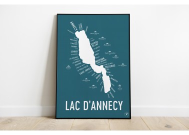 Affiche Carte du Lac d'Annecy (fond bleu) - Cadre noir - Atelier Vauvenargues