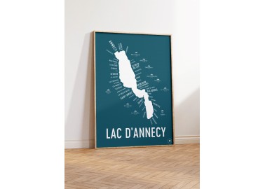 Affiche Carte du Lac d'Annecy (fond bleu) - Cadre bois - Atelier Vauvenargues