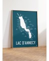 Affiche Carte du Lac d'Annecy (fond bleu) - Cadre bois - Atelier Vauvenargues
