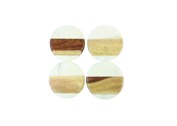 Dessous de verre ronds en marbre blanc et bois (Lot de 4) - Be Home